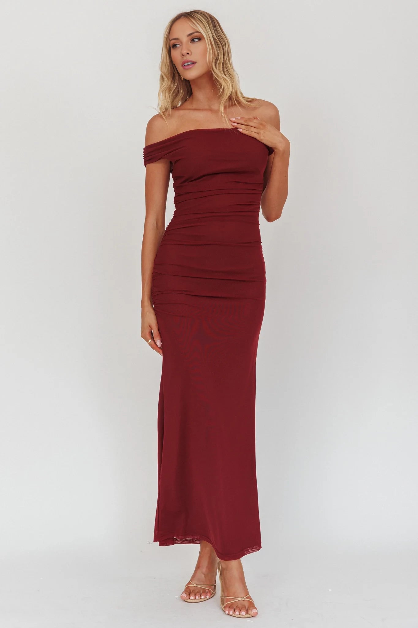Elegant Mermaid Burgundy Off Shoulder Neck Sleeveless Backless Ruched Fitted Floor-Length Prom Dress
