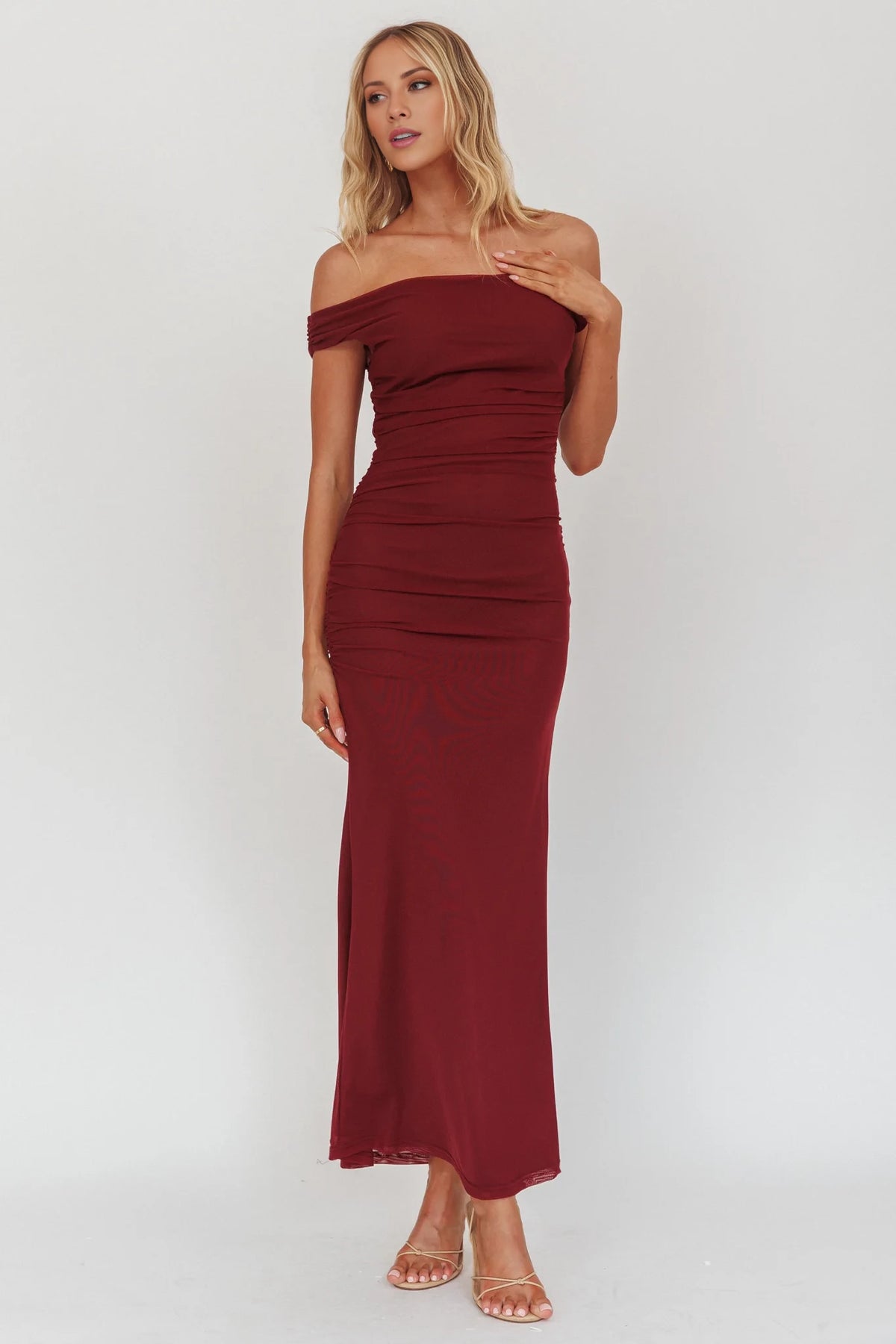 Burgundy Off-the-Shoulder Sheath Floor-Length Dress with Ruched Bodice