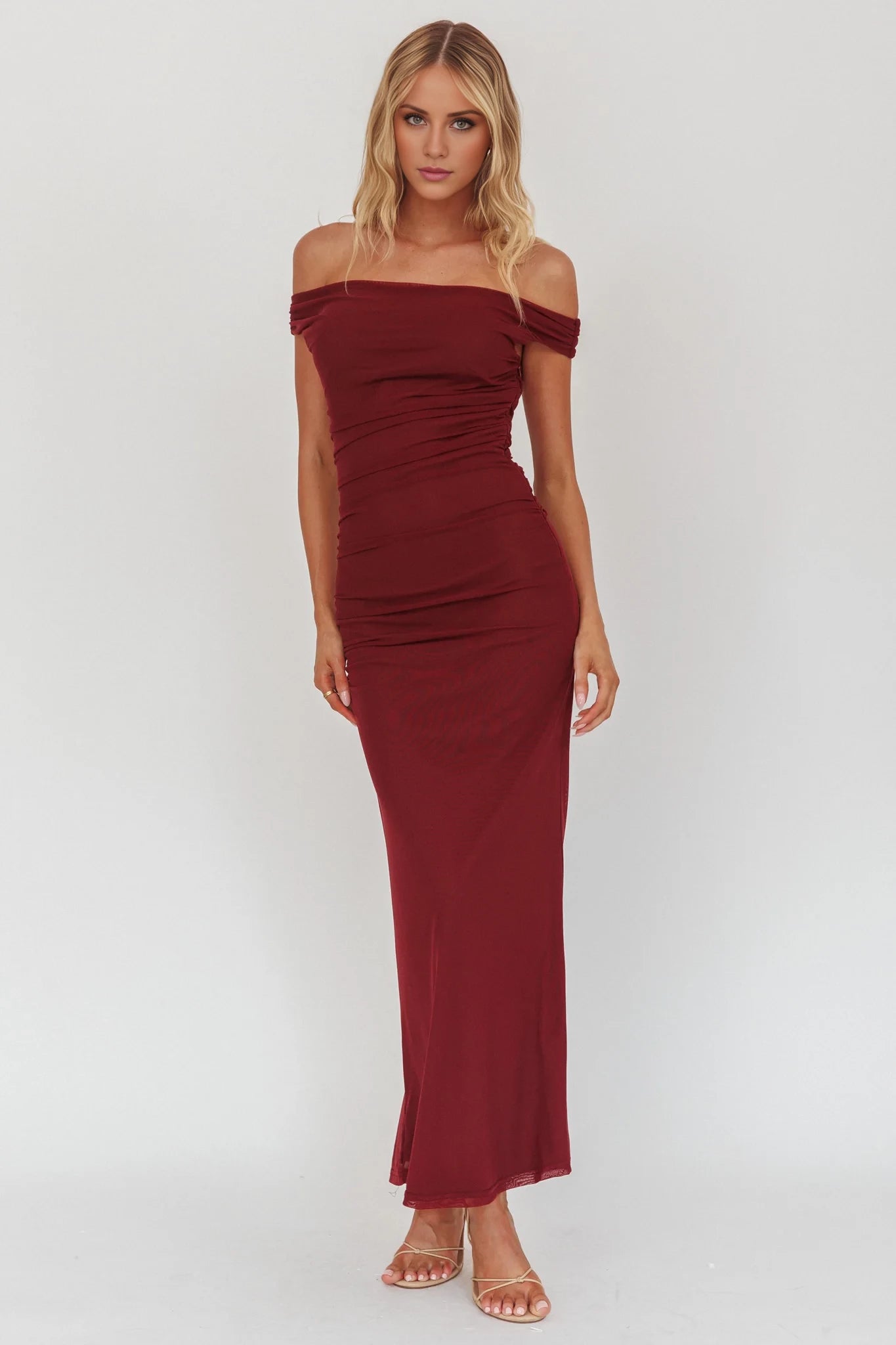 Elegant Mermaid Burgundy Off Shoulder Neck Sleeveless Backless Ruched Fitted Floor-Length Prom Dress