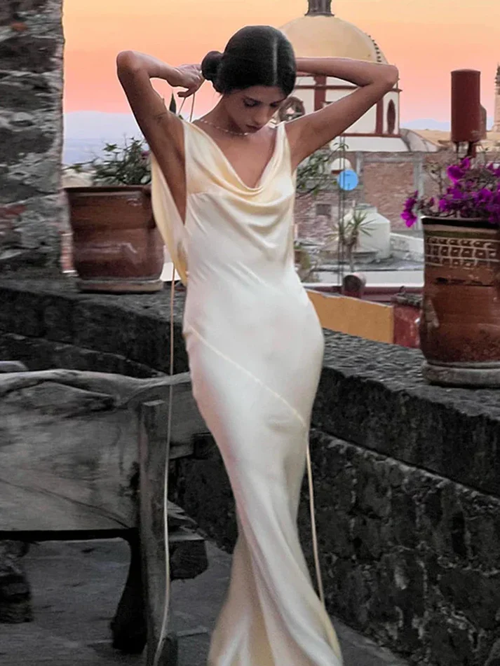 Elegant Mermaid Cowl Neck Sleeveless Low Open Back Floor Length Evening Dresses