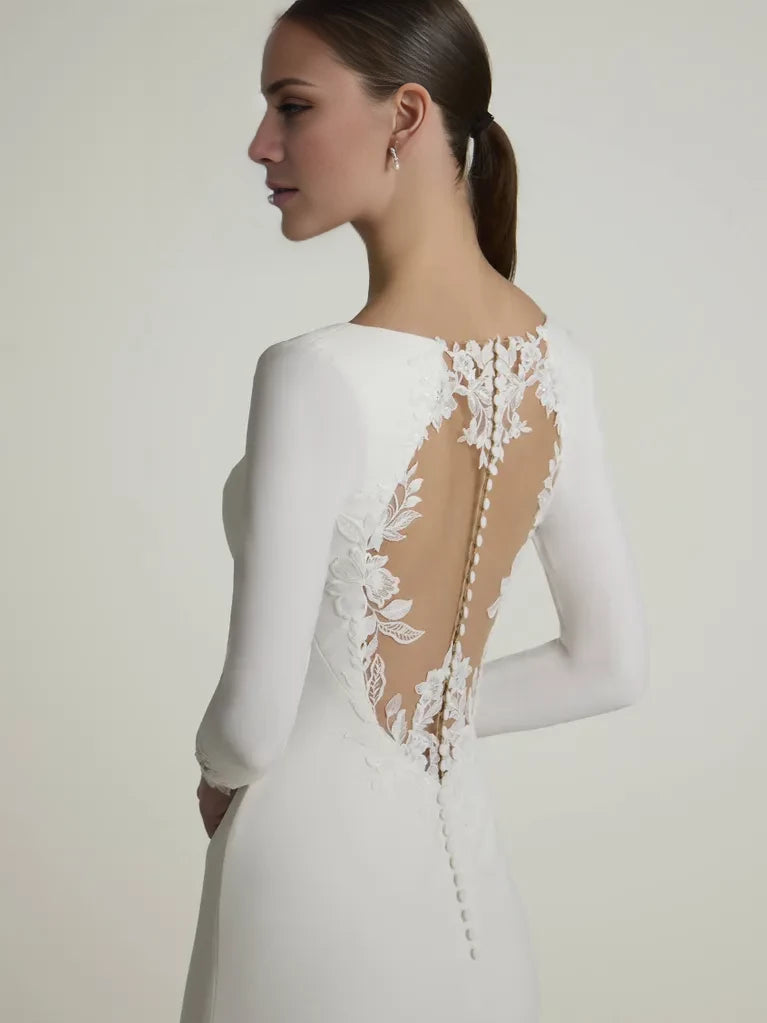 Elegant Mermaid Deep V-Neck Long Sleeve Lace-Back Maxi Winter Wedding Dress