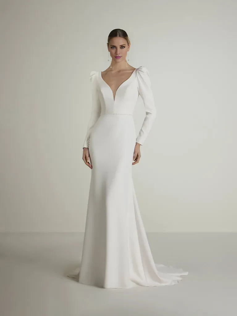 Elegant Mermaid Deep V-Neck Puff Sleeve Open Back Maxi Winter Wedding Dress