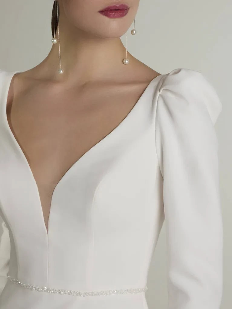 Elegant Mermaid Deep V-Neck Puff Sleeve Open Back Maxi Winter Wedding Dress