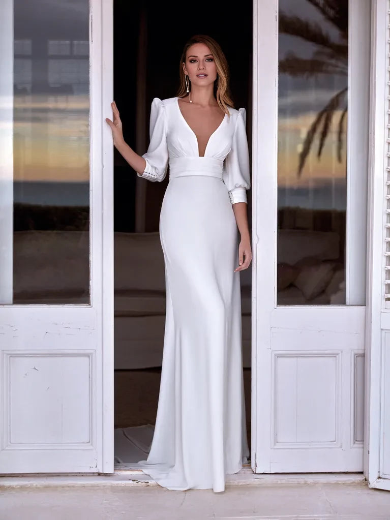 Elegant Mermaid Deep V-Neck Puff Sleeve Open Back Maxi Winter Wedding Dresses