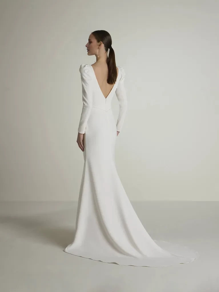Elegant Mermaid Deep V-Neck Puff Sleeve Open Back Maxi Winter Wedding Dress
