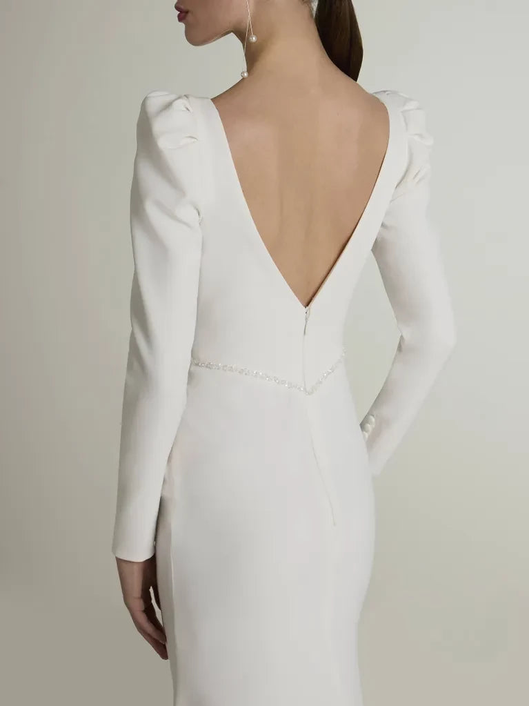 Elegant Mermaid Deep V-Neck Puff Sleeve Open Back Maxi Winter Wedding Dress