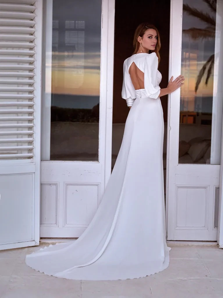 Elegant Mermaid Deep V-Neck Puff Sleeve Open Back Maxi Winter Wedding Dresses