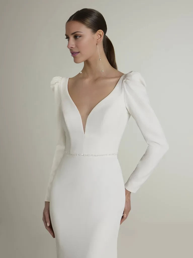 Elegant Mermaid Deep V-Neck Puff Sleeve Open Back Maxi Winter Wedding Dress