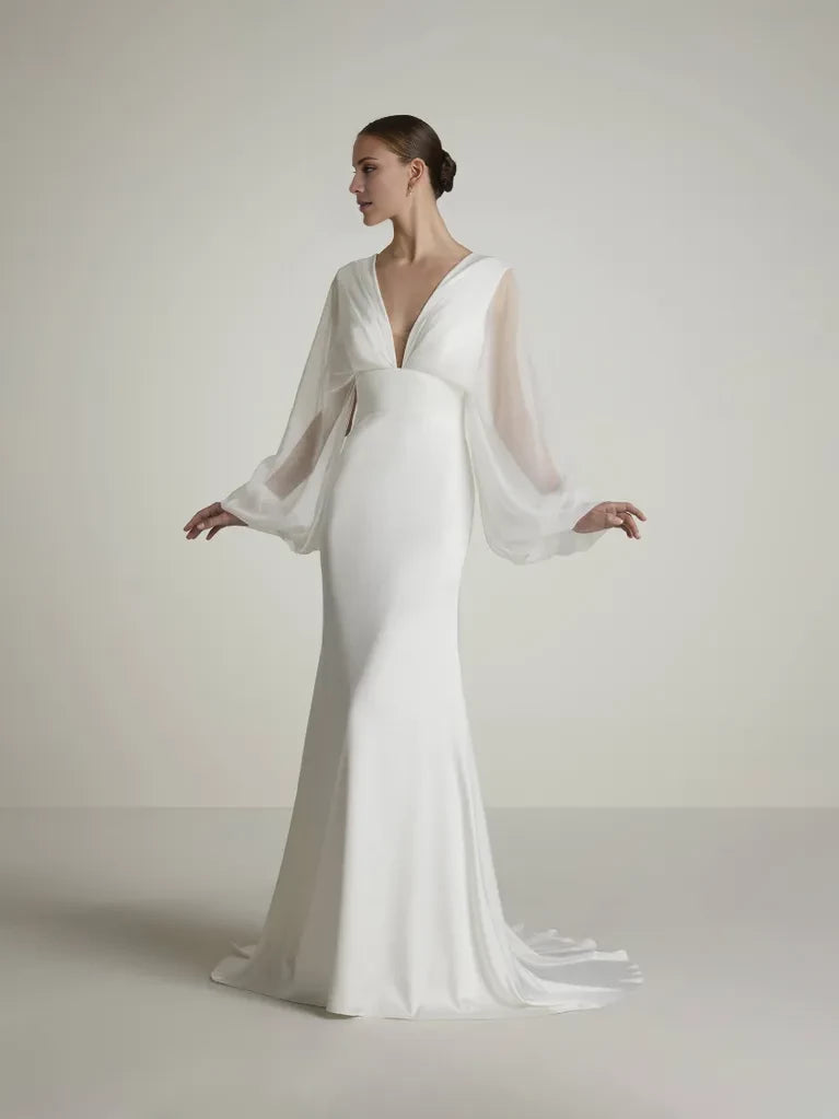 Elegant Mermaid Deep V-Neck Sheer Bishop Sleeve Open Back Maxi Winter Wedding Dress
