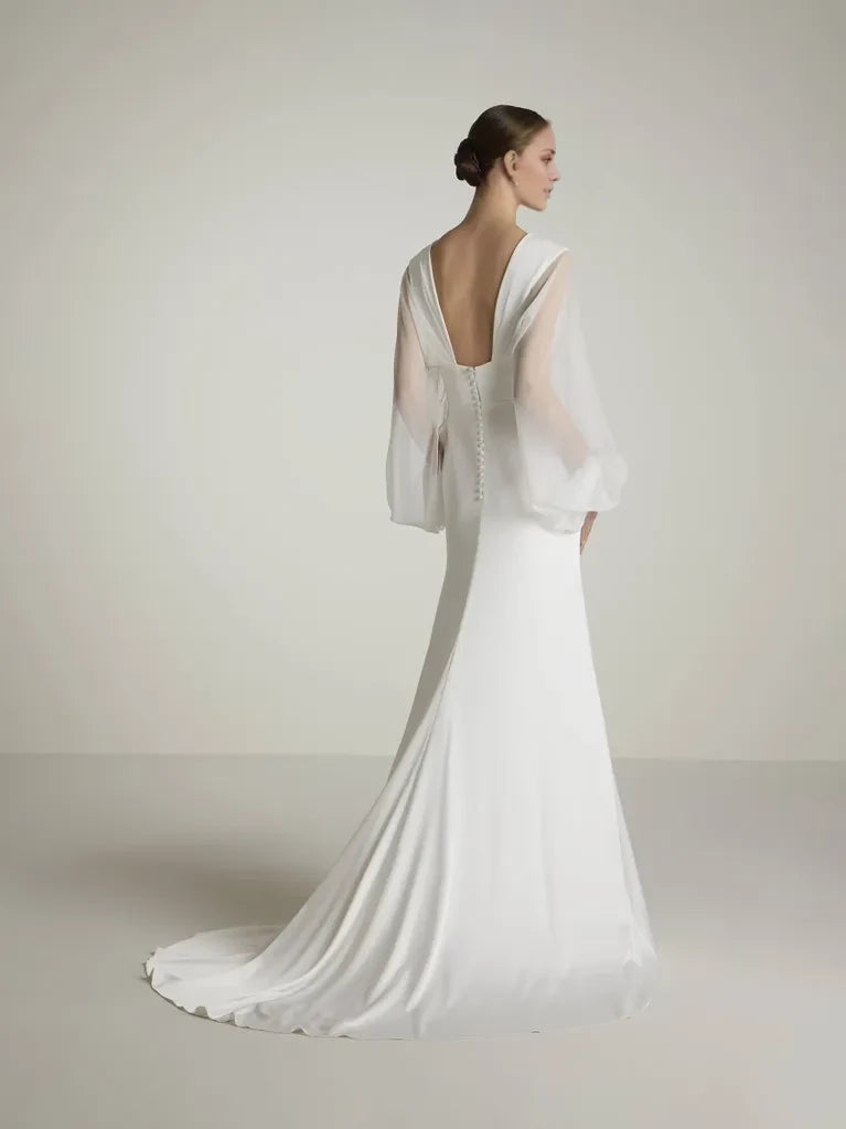 Elegant Mermaid Deep V-Neck Sheer Bishop Sleeve Open Back Maxi Winter Wedding Dress