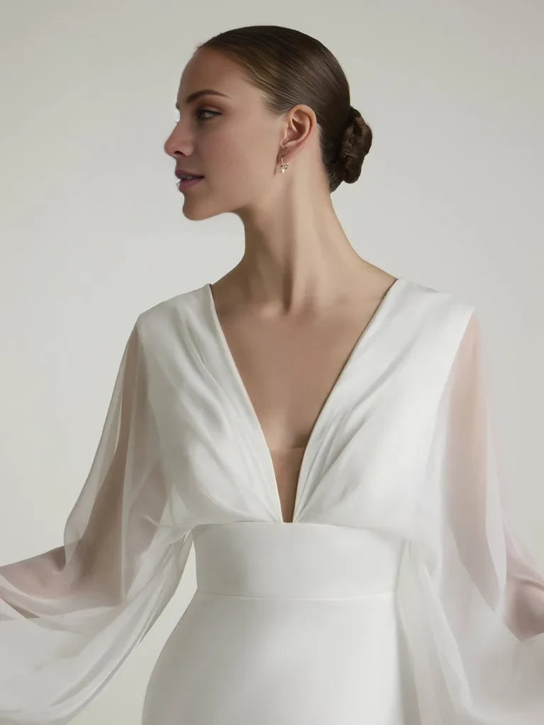 Elegant Mermaid Deep V-Neck Sheer Bishop Sleeve Open Back Maxi Winter Wedding Dress