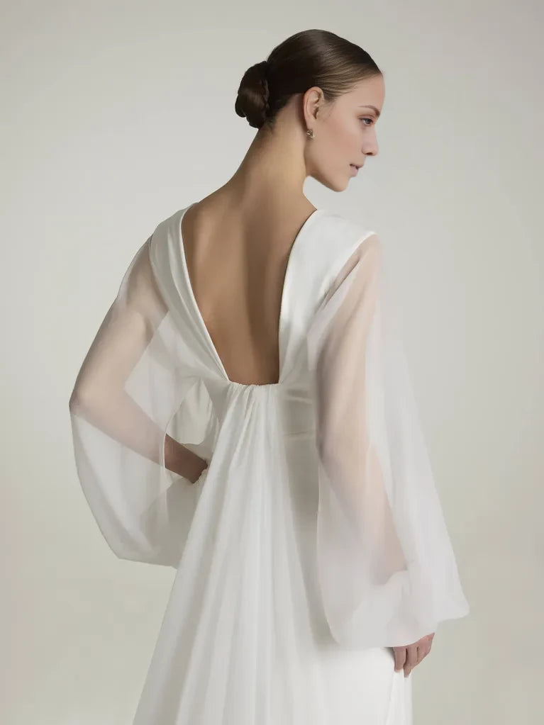 Elegant Mermaid Deep V-Neck Sheer Bishop Sleeve Open Back Maxi Winter Wedding Dress