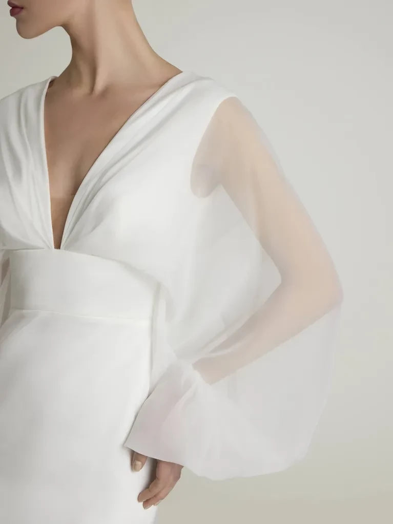 Elegant Mermaid Deep V-Neck Sheer Bishop Sleeve Open Back Maxi Winter Wedding Dress