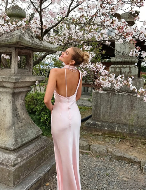 Blushing Pink Satin Halter Neckline Sheath/column Floor-Length Evening Dress