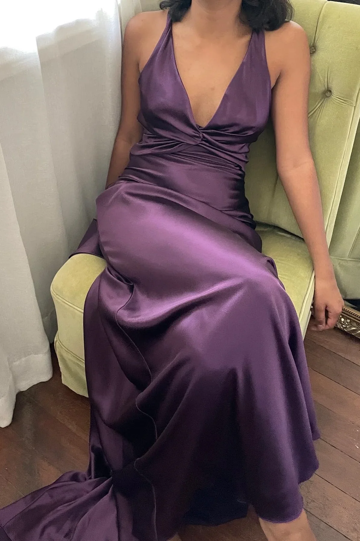 Elegant Mermaid Halter V-Neck Tie Back Floor-Length Satin Evening Dress