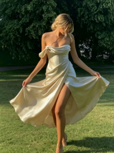 Elegant Mermaid Off-the-Shoulder Draped Neck High Slit Floor Length Satin Evening Dress