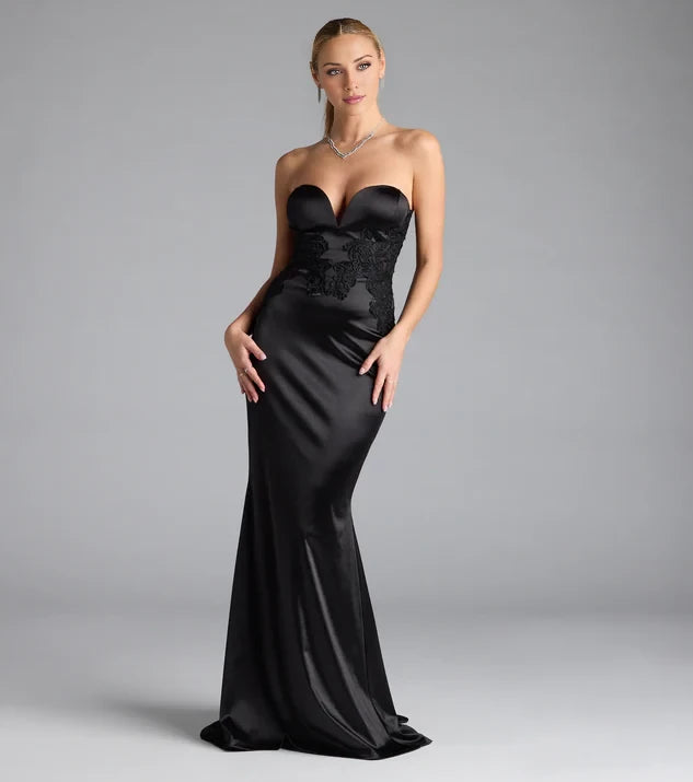 Elegant Mermaid Off Shoulder Neck Strapless Lace-Detailed Satin Floor-Length Evening Dress