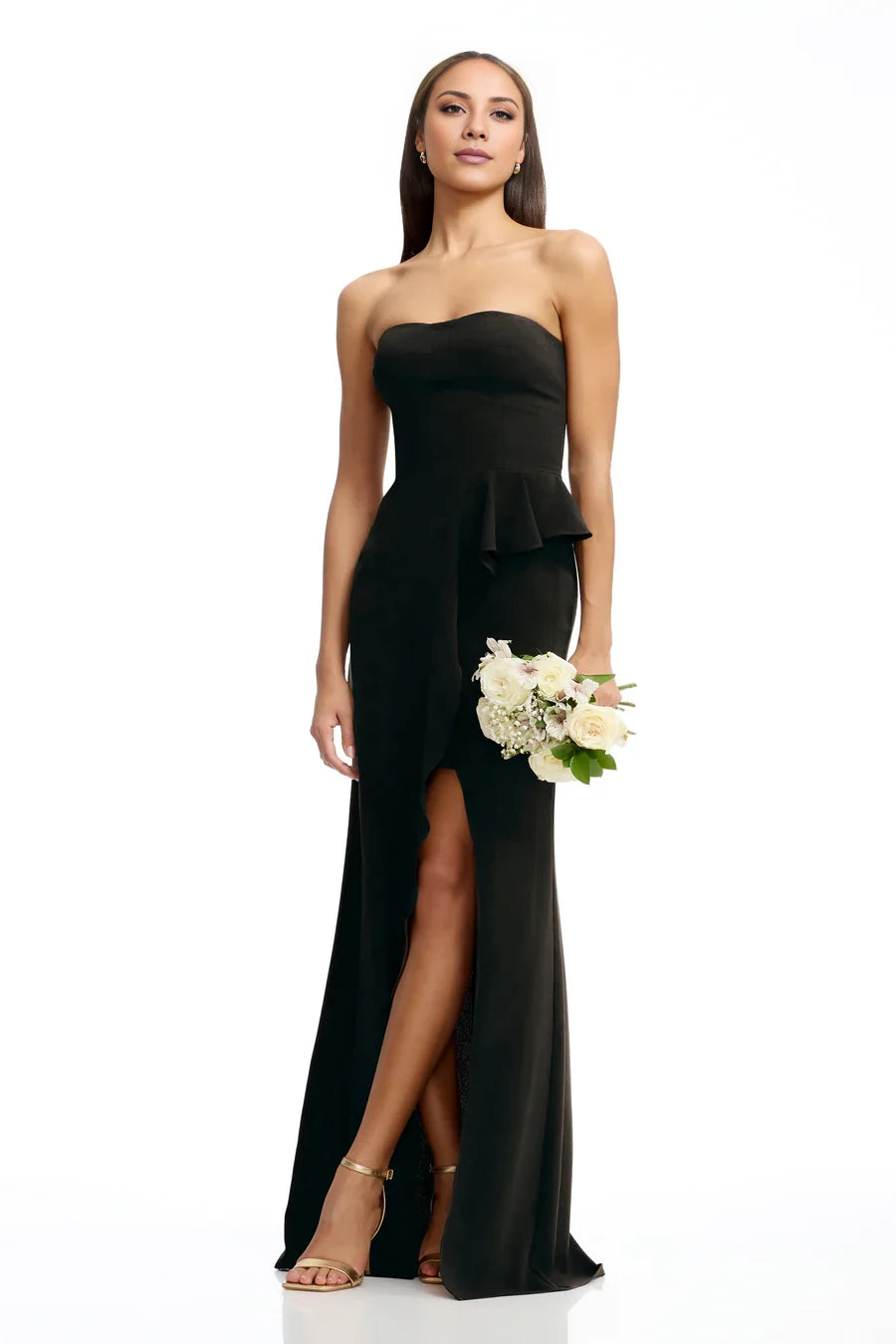 Elegant Mermaid Off the Shoulder Neck Sleeveless Strapless Peplum Slit Floor-Length Evening Dress