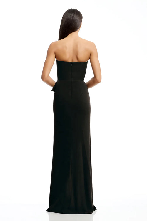 Black Crepe Sheath Floor-Length Evening Dress with Peplum Waist and High Slit