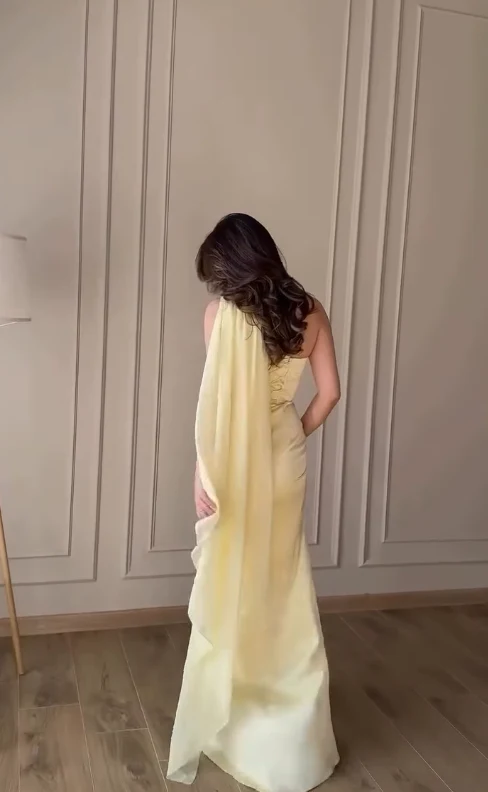 Elegant Mermaid One-Shoulder Draped Cape Floor Length Satin Evening Dress