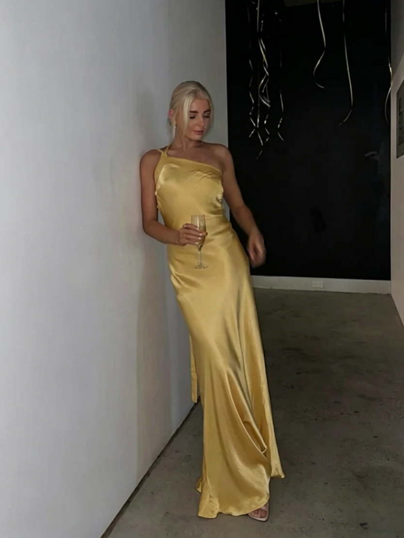 Elegant Mermaid One Shoulder Sleeveless Open Back Floor Length Evening Dress