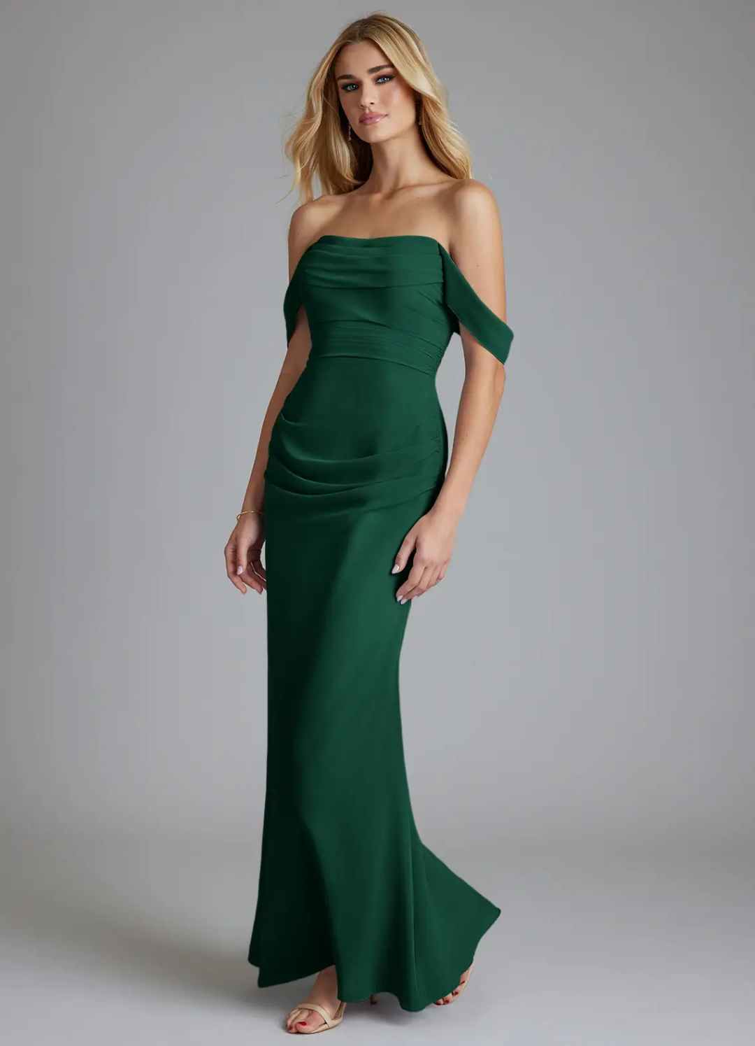 Emerald Crepe Off-the-Shoulder Trumpet Floor-Length Dress