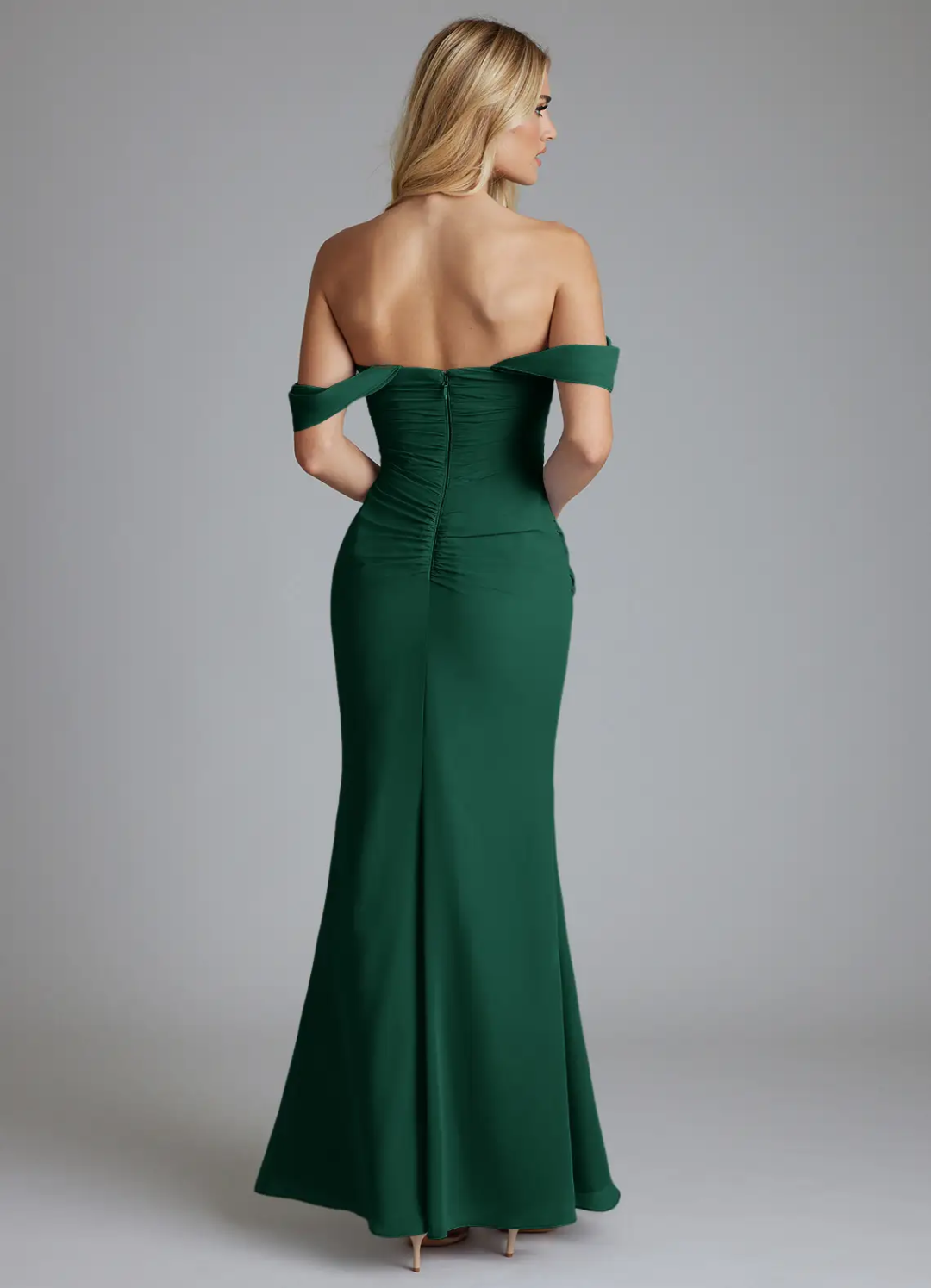 Emerald Crepe Off-the-Shoulder Trumpet Floor-Length Dress