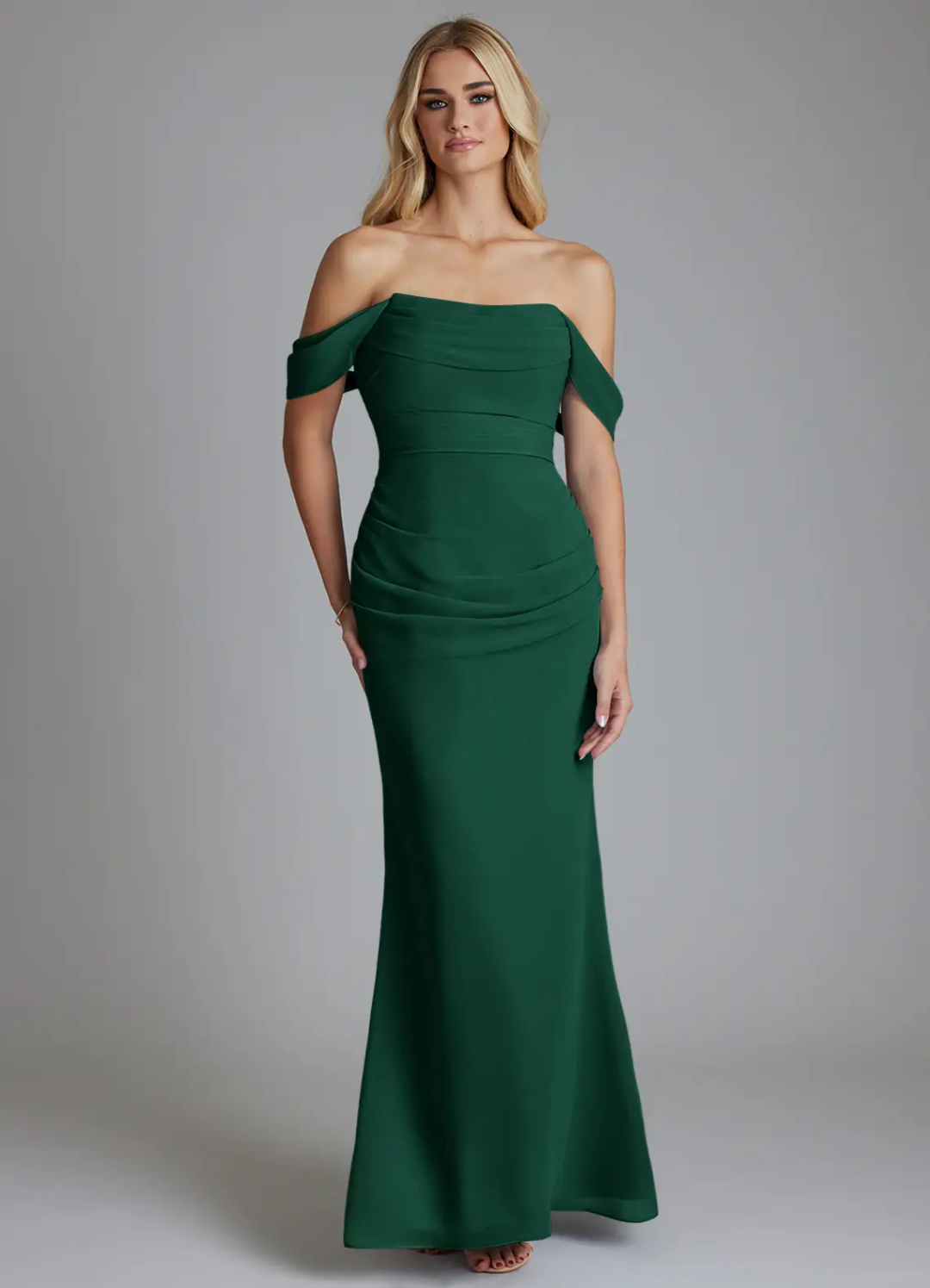 Emerald Crepe Off-the-Shoulder Trumpet Floor-Length Dress