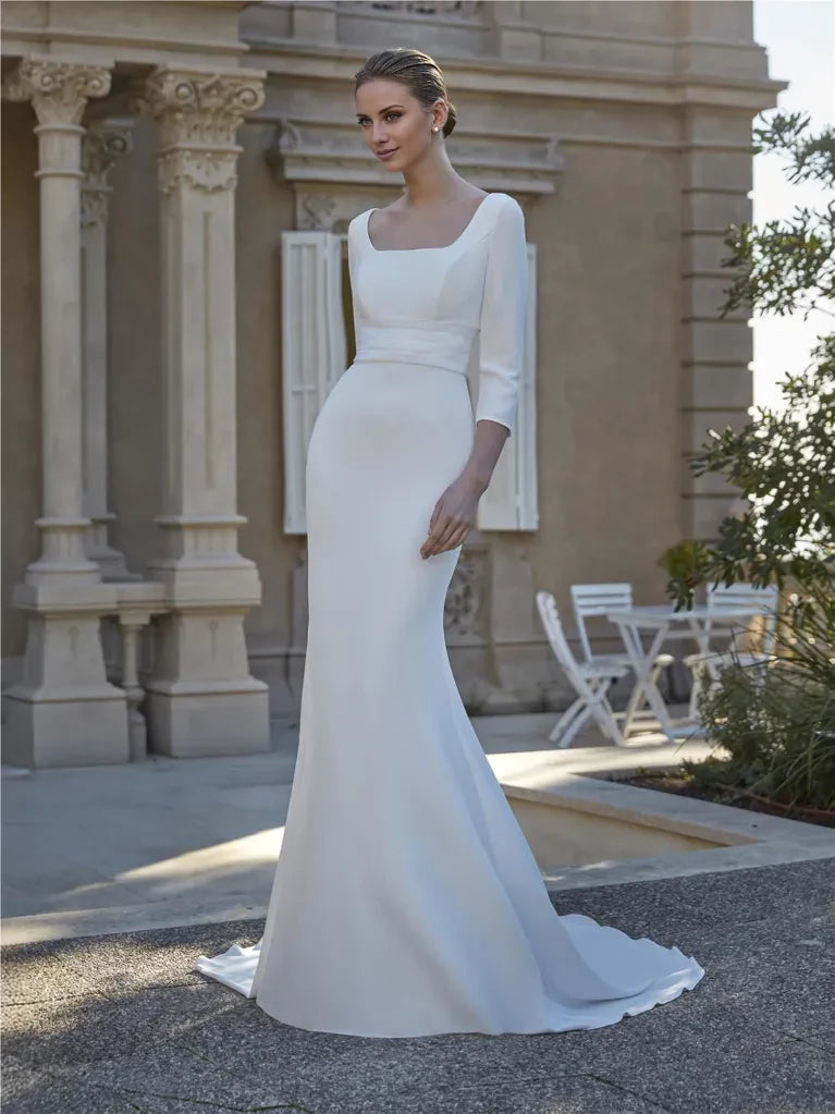 White Crepe Sheath/Column Floor-Length Dress with Square Neck & Draped Waist