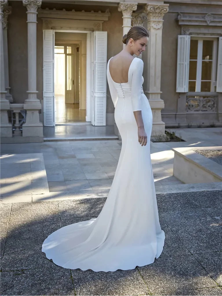 White Crepe Sheath/Column Floor-Length Dress with Square Neck & Draped Waist