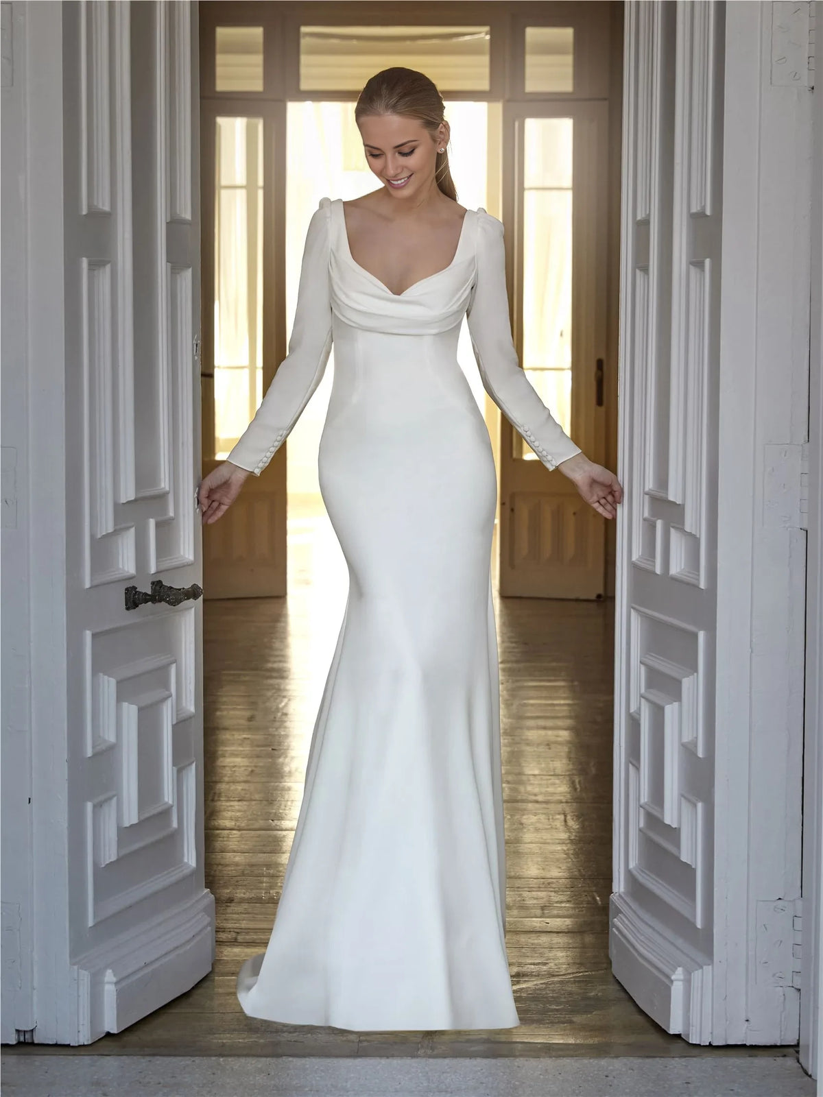 Ivory Crepe Cowl Neck Floor-Length Evening Dress with Buttoned Cuffs