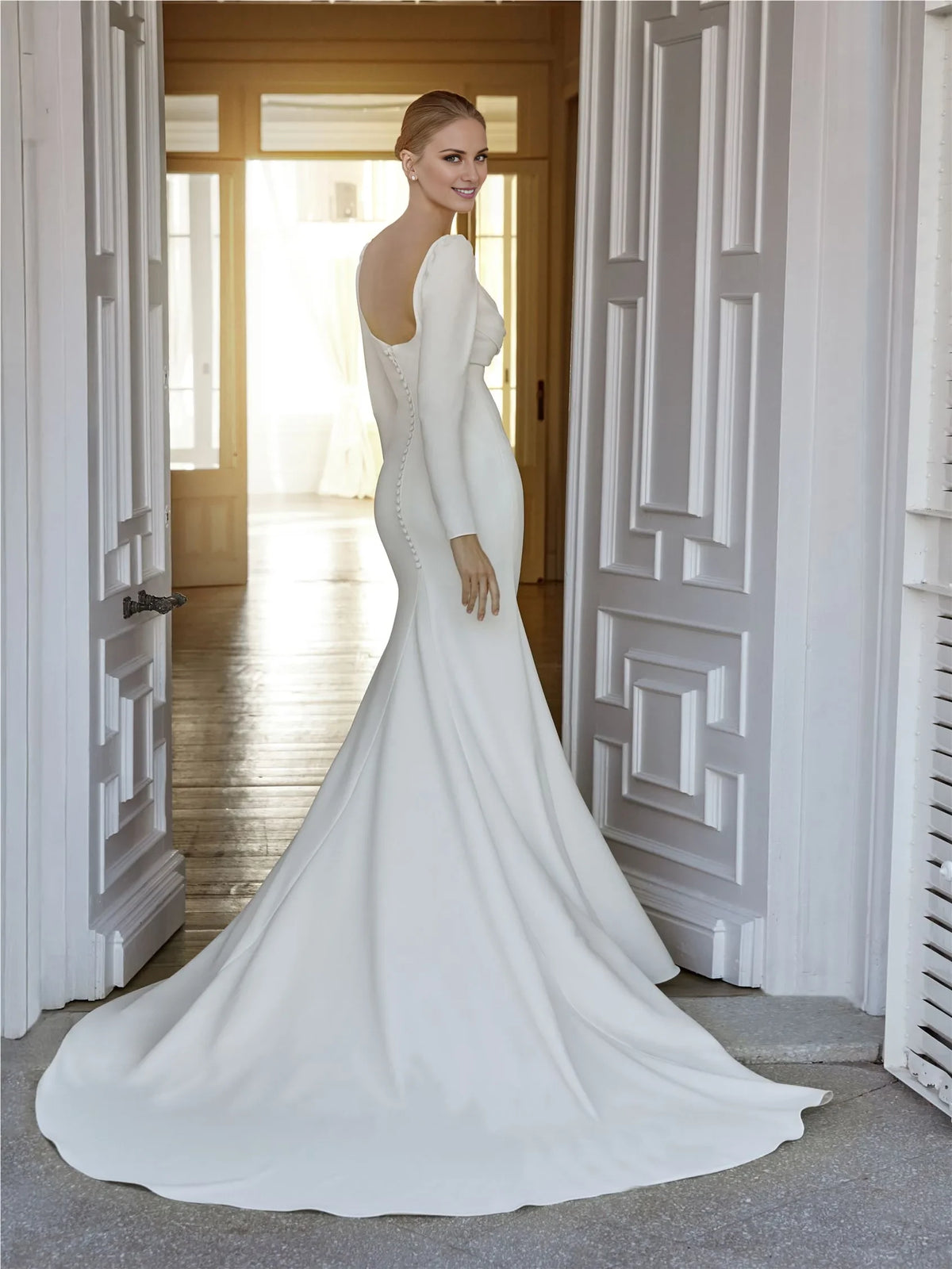 Ivory Crepe Cowl Neck Floor-Length Evening Dress with Buttoned Cuffs