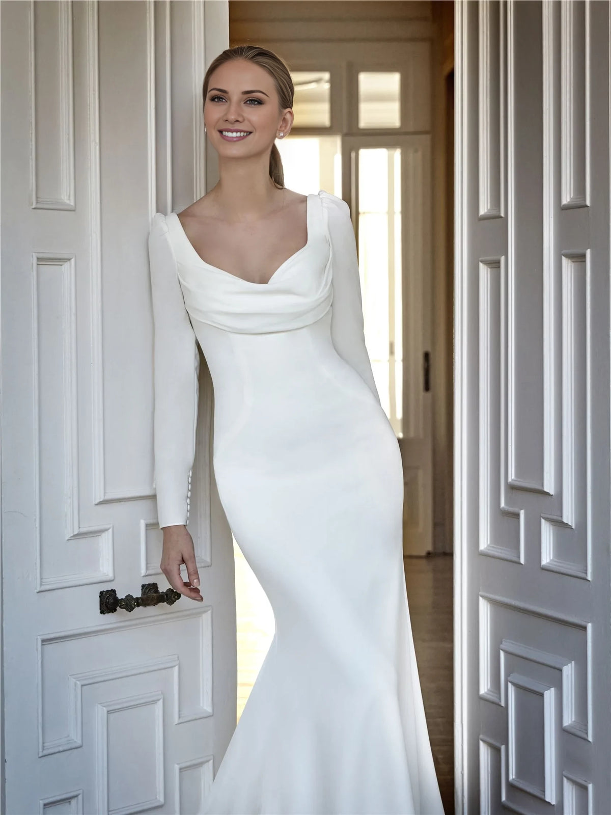 Ivory Crepe Cowl Neck Floor-Length Evening Dress with Buttoned Cuffs
