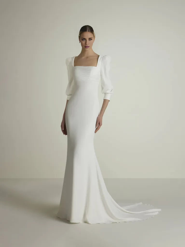 White Crepe Mermaid Floor-Length Dress with Square Neck & Puff Sleeves
