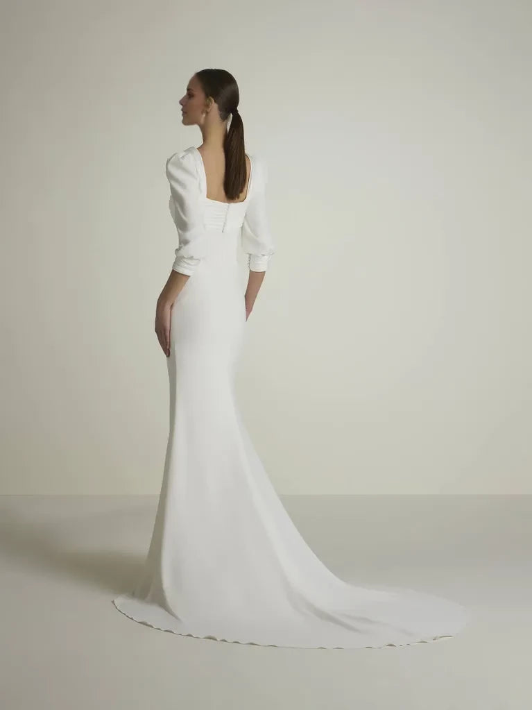 White Crepe Mermaid Floor-Length Dress with Square Neck & Puff Sleeves