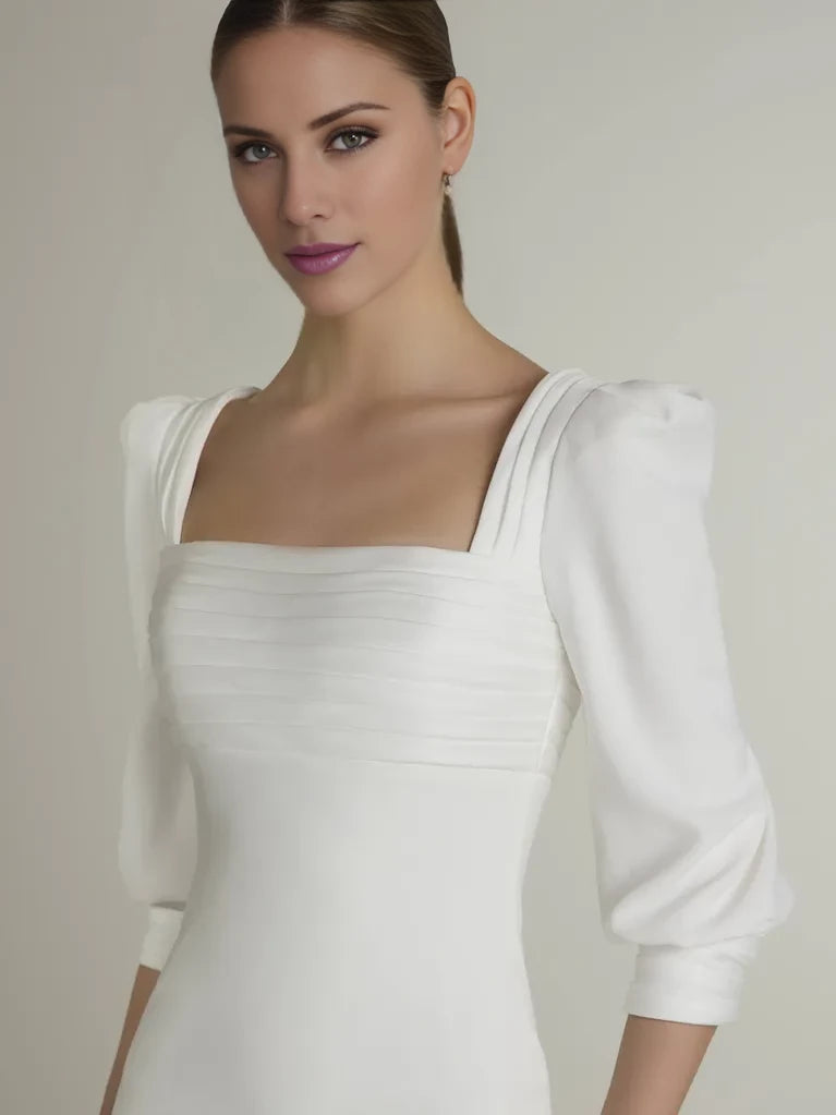 White Crepe Mermaid Floor-Length Dress with Square Neck & Puff Sleeves