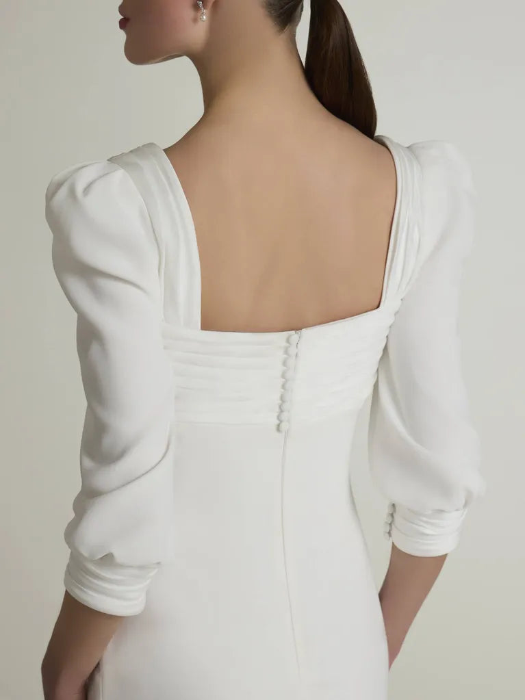 White Crepe Mermaid Floor-Length Dress with Square Neck & Puff Sleeves
