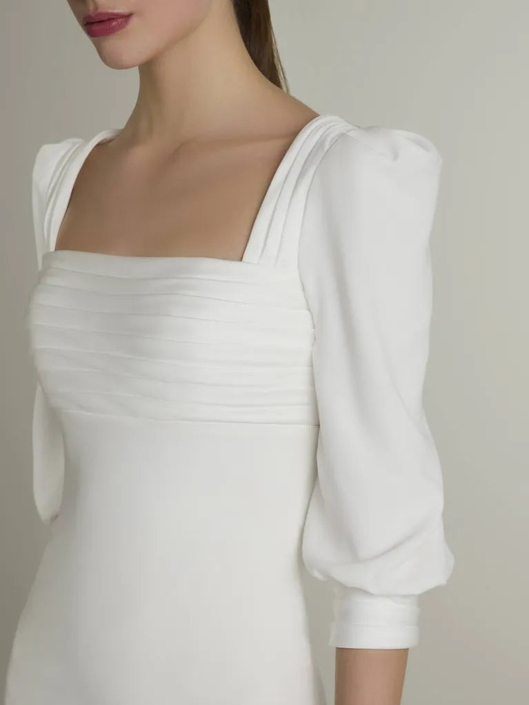White Crepe Mermaid Floor-Length Dress with Square Neck & Puff Sleeves