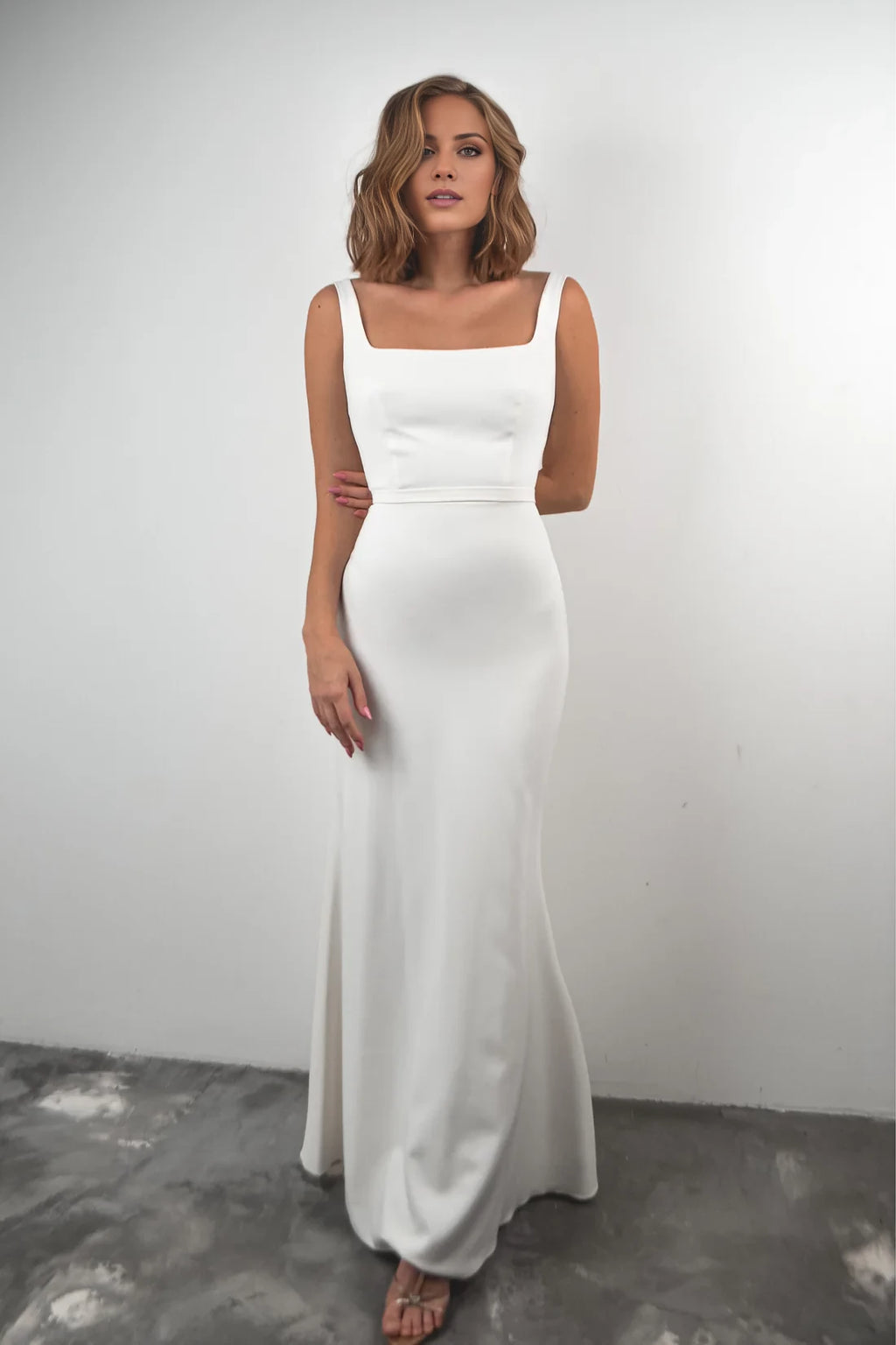 Ivory Satin Square Neck Sheath Floor-Length Bridesmaid Dress