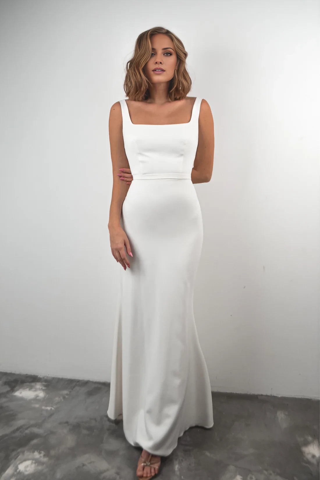 Ivory Satin Square Neck Sheath Floor-Length Bridesmaid Dress