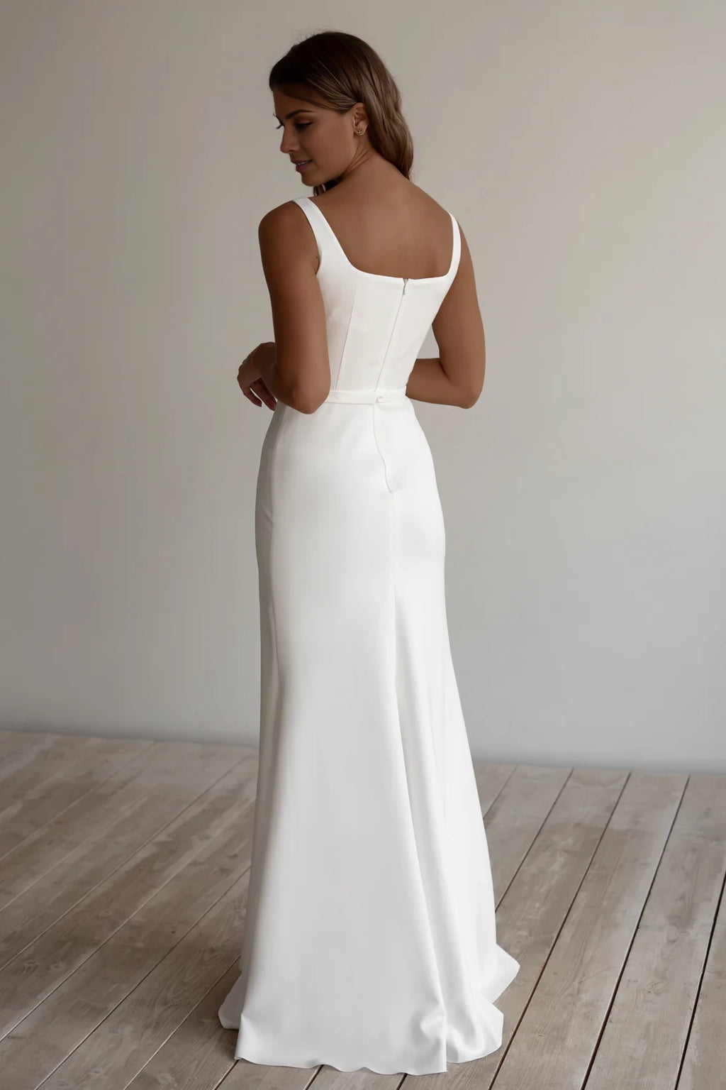Ivory Satin Square Neck Sheath Floor-Length Bridesmaid Dress