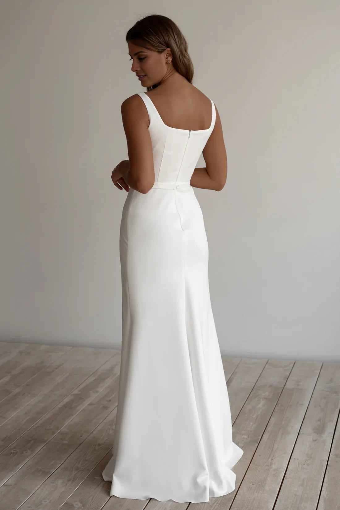 Ivory Satin Square Neck Sheath Floor-Length Bridesmaid Dress