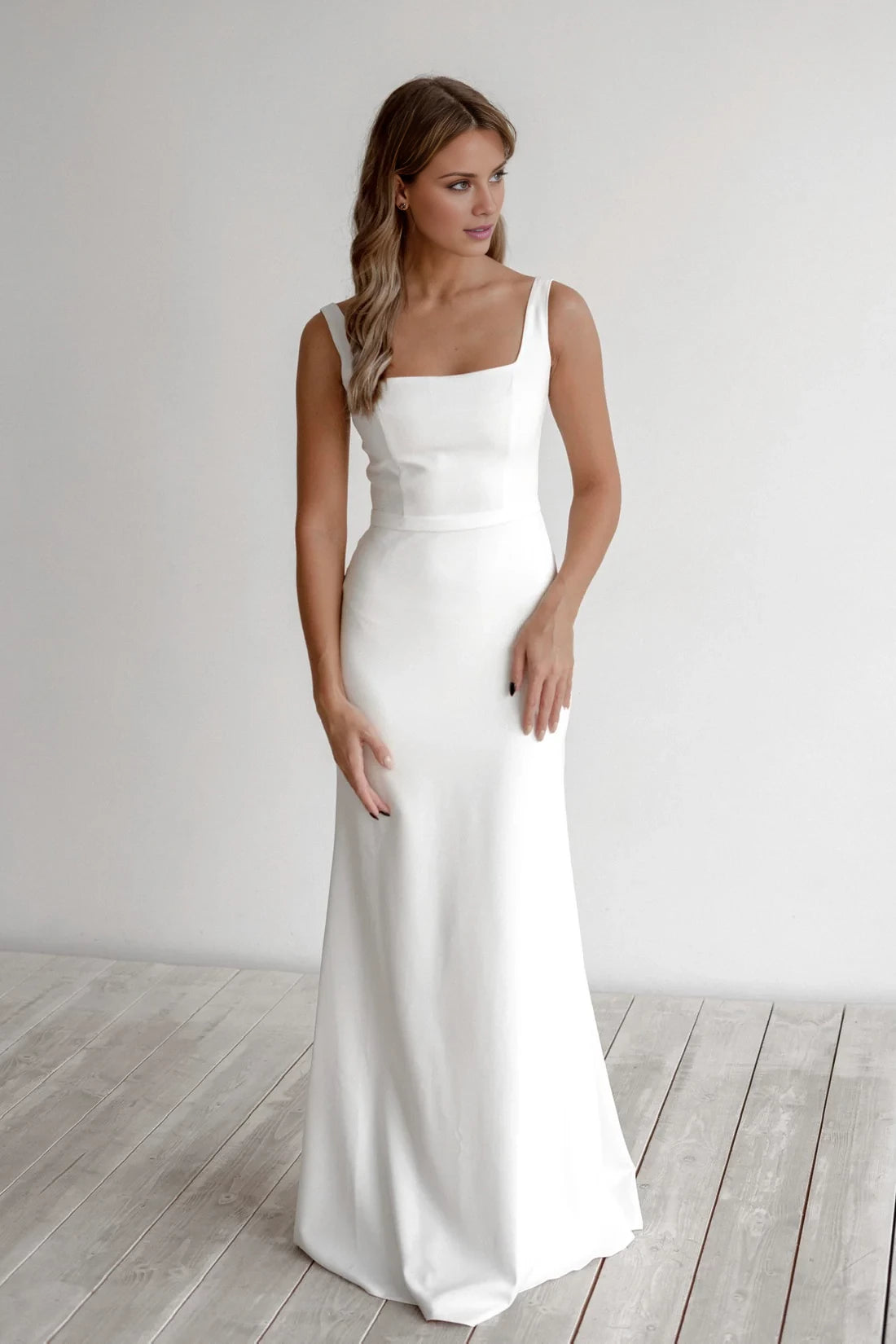 Ivory Satin Square Neck Sheath Floor-Length Bridesmaid Dress