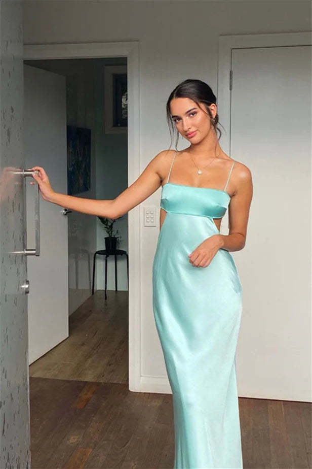 Elegant Mermaid Square Neck Spaghetti Straps Open Back Floor Length Satin Evening Dress