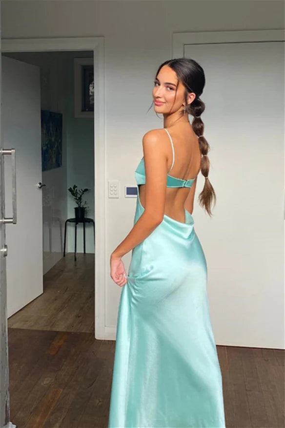 Elegant Mermaid Square Neck Spaghetti Straps Open Back Floor Length Satin Evening Dress