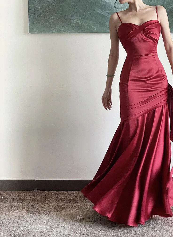 Elegant Mermaid Sweetheart Spaghetti-Straps Side Bow Floor-Length Satin Evening Dress
