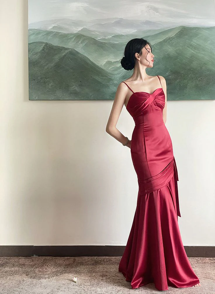 Elegant Mermaid Sweetheart Spaghetti-Straps Side Bow Floor-Length Satin Evening Dress
