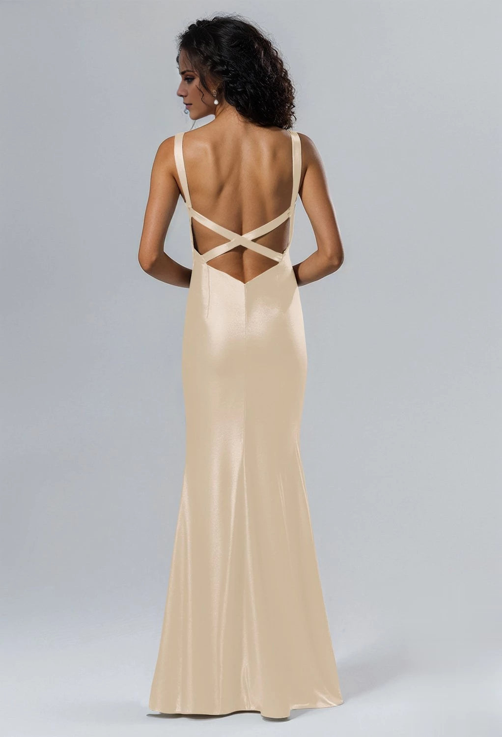 Elegante vestido de dama de honor de corte sirena, escote en V, sin mangas, con cremallera en la espalda y largo hasta el suelo