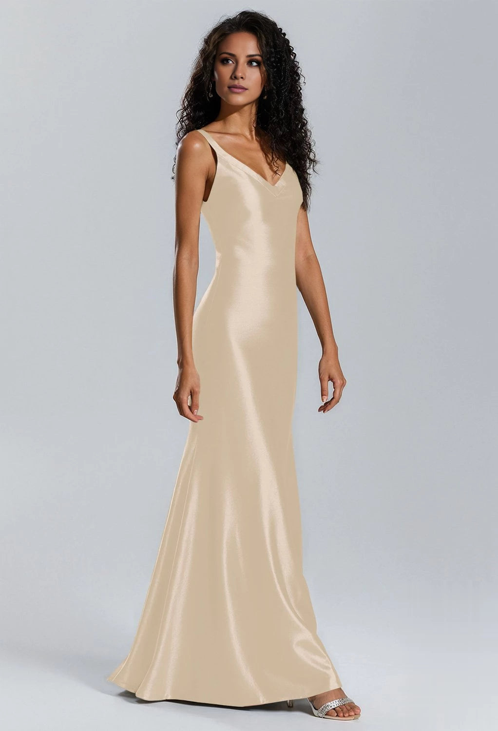 Elegante vestido de dama de honor de corte sirena, escote en V, sin mangas, con cremallera en la espalda y largo hasta el suelo