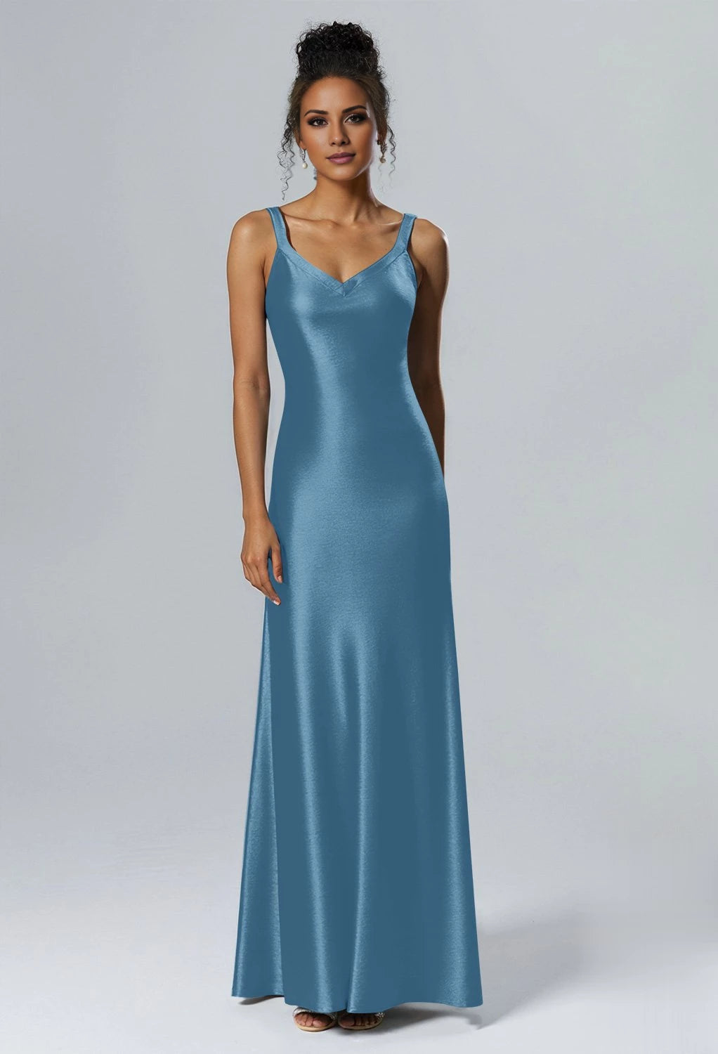 Elegante vestido de dama de honor de corte sirena, escote en V, sin mangas, con cremallera en la espalda y largo hasta el suelo